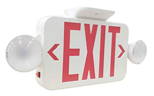 LIT-PaTH LED Combo Emergency EXIT Sign with 2 Adjustable Head Lights and Back Up Batteries- US Standard Red Letter Emergency