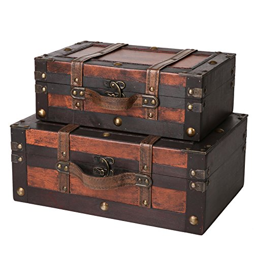 SLPR Crawford Wooden Storage Trunk (Set of 2, Wine Color) | Antique Wood Chest with Straps