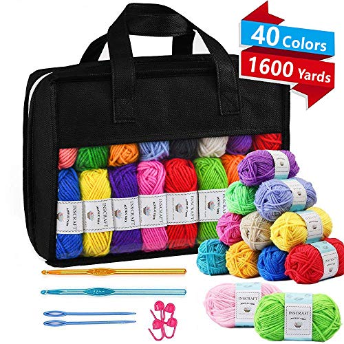 Inscraft 40 Acrylic Yarn Skeins, 1600 Yards Crochet Yarn with Reusable  Storage Bag Includes 6 E-Books, 2 Crochet Hooks, 2 Weaving