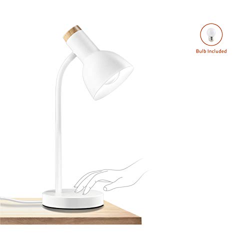 AMEZIN 7w E27 LED Touch Control White Iron Desk Lamp,Adjustable Flexible Eye Caring Plug in Modern Wood Office Dorm Cabinet