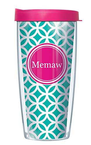 Signature Tumblers Pink Memaw Insignia Wrap on Teal and White Roundabout 16 Ounce Double-Walled Travel Tumbler Mug with Hot