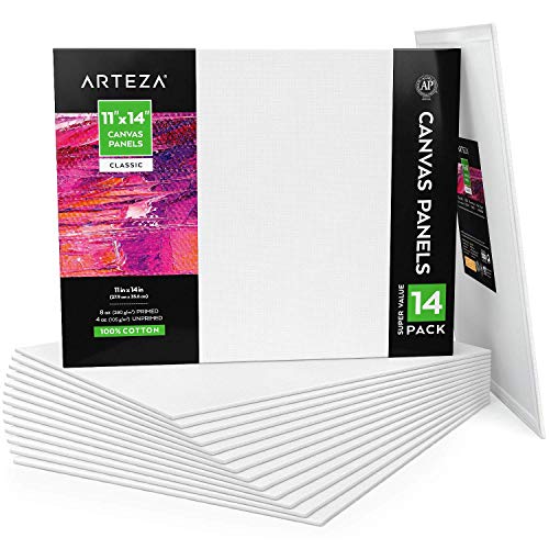 Arteza 11x14 White Blank Canvas Panel Boards, Bulk Pack of 14, Primed,  100% Cotton for Acrylic Painting, Oil Paint & Wet Art
