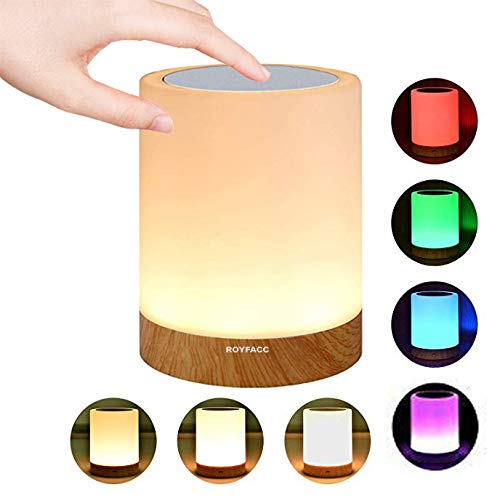 ROYFACC Night Light Touch Sensor Lamp Bedside Table Lamp for Kids Bedroom Rechargeable Dimmable Warm White Light + RGB Color