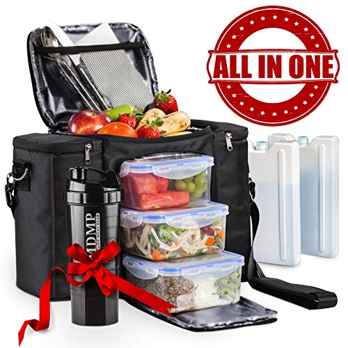 MDMP - My Daily Meal Plan Meal Prep Lunch Bag/Box For Men, Women + 3 Large Food Containers (45 Oz.) + 2 Big Reusable Ice Packs + Shoulder Strap +