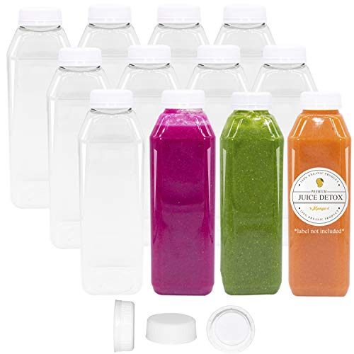 Upper Midland Products 10 oz Plastic Juice Bottles Clear Empty 12 Pk Reusable Disposable Tamper Proof Lids Milk Containers