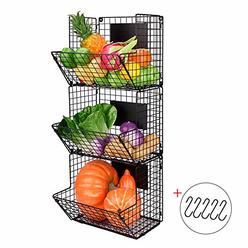 x-cosrack metal wire basket wall mount, 3 tier wall storage basket organizer with hanging hooks chalkboards, rustic kitchen f