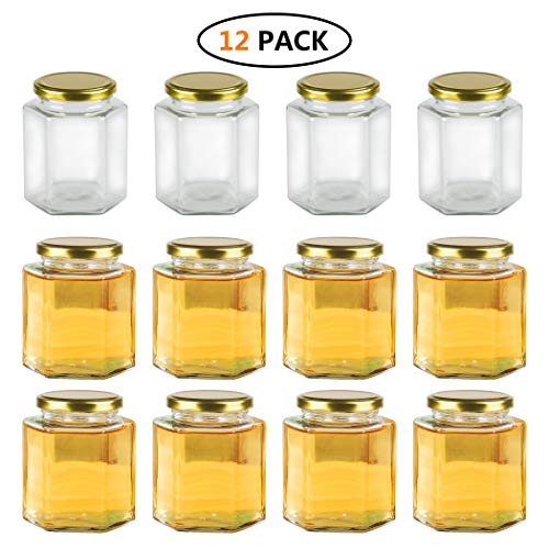 Encheng 16 oz Clear Hexagon Jars,Glass Jars With Lids(Golden),Mason Jars For Honey,Foods,Jams,Liquid,Spice Jars Herd Jars