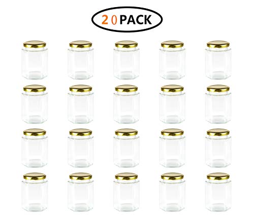 Encheng 10 oz Hexagon Jars,Clear Glass Jars With Lids(Golden),Mason Jars For Honey,Foods,Jams,Liquid,Herb Jars Spice Jars