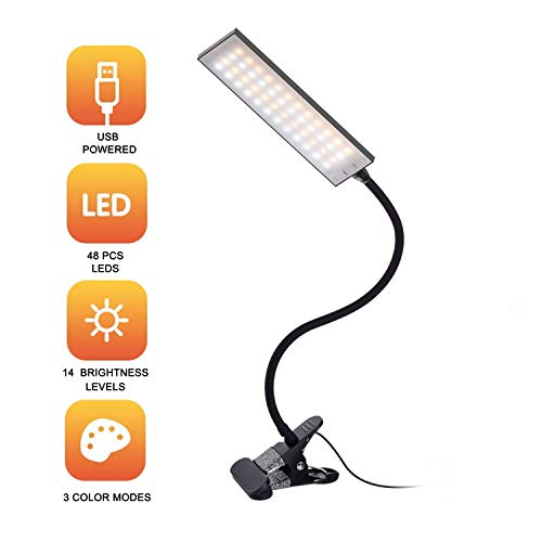 Sanfeya LED Desk Lamp Dimmable Clip Light 14 Level Brightness 3 Color Temperatures 5W LED Reading Light Metal Clip Light USB