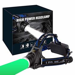 gracetop greenlight led headlamp, 1800 lumens zoomable hunting led head lamp flashlight, hands-free headlight torch lamp for 