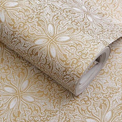 Walldecor1 Self Adhesive Vintage Gold Floral Contact Paper Shelf Liner Dresser Drawers Cabinet Sticker 17.7 x 196 Inches