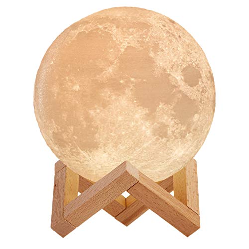 Mind-glowing 3D Moon Lamp - Rechargeable Night Light,16 LED Colors, Dimmable, (Standard, 4.7in) with Wooden Stand, Remote & Touch Control