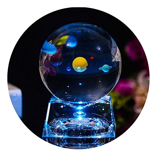 FTYtek 3D Crystal Ball with Solar System model and LED lamp Base, Clear 80mm (3.15 inch) Solar System Crystal Ball, Best Birthday