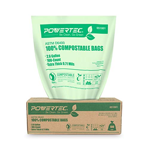 POWERTEC ASTM D6400 Certified Compostable Bags â€“ 100 Count | 9.84 Liter - 2.6 Gallon Trash Bags, 0.71 Mil, US BPI and