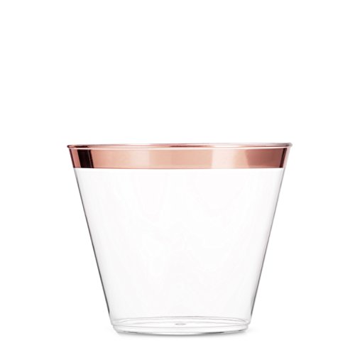 Munfix 100 Rose Gold Plastic Cups 9 Oz Clear Plastic Cups Old Fashioned Tumblers Rose Gold Rimmed Cups Fancy Disposable Wedding Cups