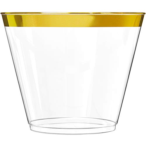 prestee 100 Gold Plastic Cups | 9 oz | Hard Disposable Cups | Plastic Wine Cups | Plastic Cocktail Glasses | Plastic Drinking Cups |