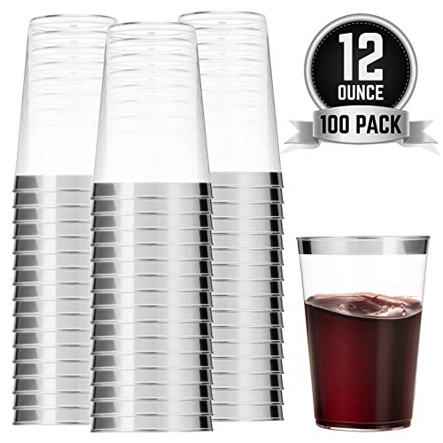 Munfix 100 Silver Plastic Cups 12 Oz Clear Plastic Cups Tumblers Silver Rimmed Cups Fancy Disposable Wedding Cups Elegant Party Cups