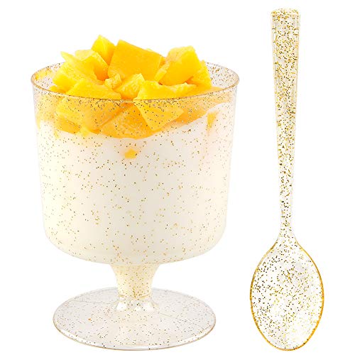 WDF 96PACK 7oz Gold Glitter Medium Large Plastic Dessert Cups With Spoons-48 Disposable Appetizer Cups |Wine Goblet Glasses &