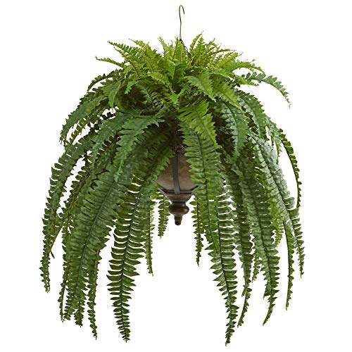 Nearly Natural 39â€ Boston Fern Artificial Metal Hanging Bowl Silk Plants, Green