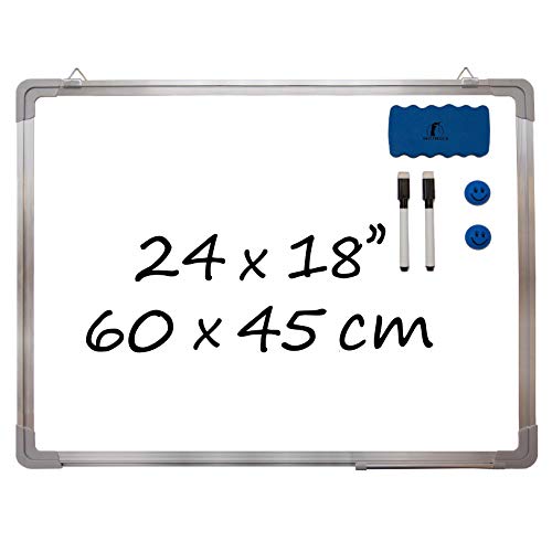 Navy Penguin Whiteboard Set - Dry Erase Board 24 x 18" + 1 Magnetic Dry Eraser, 2 Dry-Erase Black Marker Pens and 2 Magnets - Small White