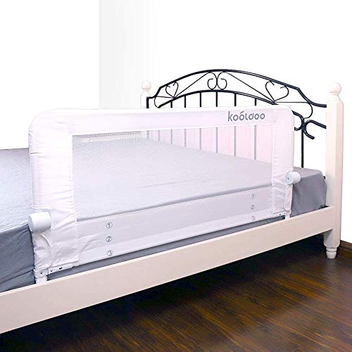 KOOLDOO 43 Inches Fold Down Toddlers Safety Bed Rail Children Bed Guard with NBR Foam Include 1pcs Seat Belt (White)