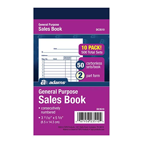 Adams General Purpose Sales Book, 2-Part, Carbonless, White/Canary, 3-11/32" x 5-5/8", 50 Sets per Book, 10 Pack (DC3510)