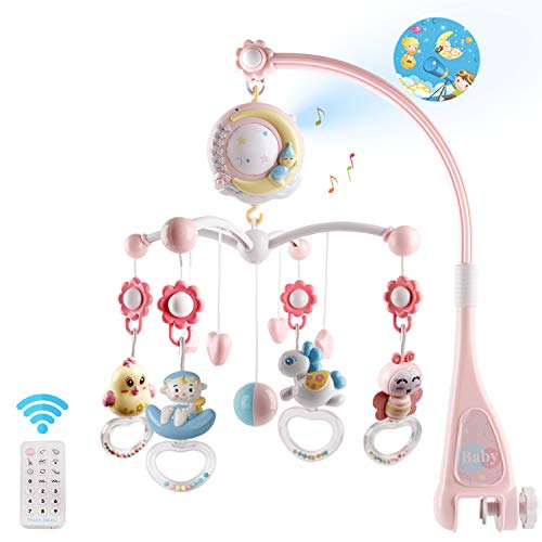 Mini Tudou Baby Musical Crib Mobile with Timing Function Projector and Lights,Hanging Rotating Rattles and Remote Control Music Box with