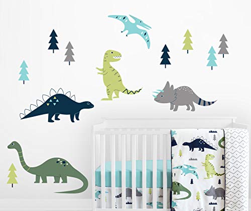 Sweet Jojo Designs Navy Blue, Green and Grey Dino Large Peel and Stick Wall Mural Decal Stickers Art Nursery Decor for Mod