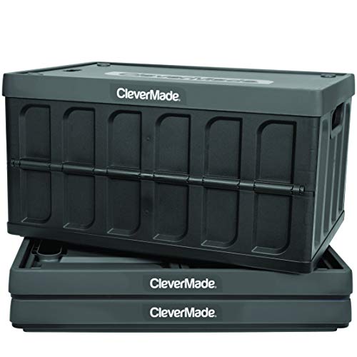 CleverMade 46L Collapsible Storage Bins with Lids - Folding Plastic Stackable Utility Crates, Solid Wall CleverCrates, 3