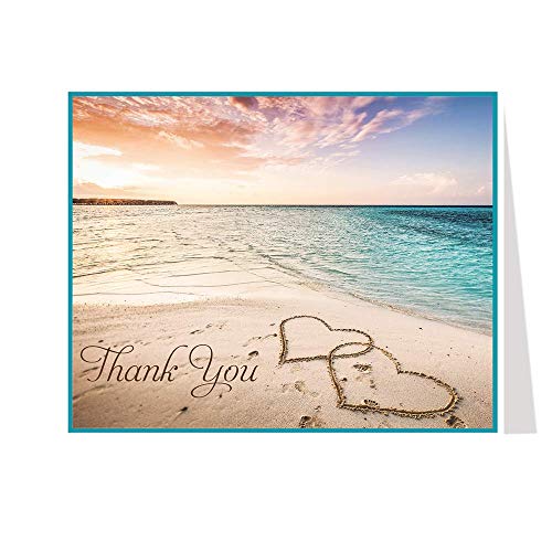 The Invite Lady Beach Thank You Cards Folding Thank You Notes Sand Drawing Hearts of Love Sunset Sunrise Ocean Horizon Seaside Bridal Shower