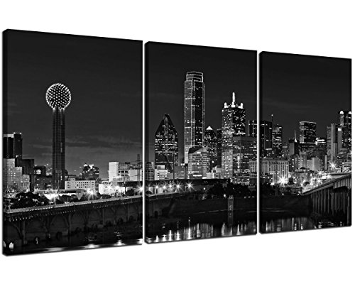 NAN Wind 3 Pcs Wall Art Beautiful Dallas Skyline Black & White Canvas Art Paintings For Room Decor Dallas Cityscape
