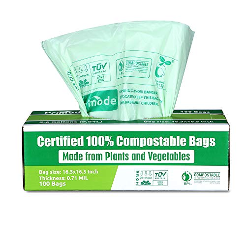 Primode 100% Compostable Trash Bags, 2.6 Gallon Food Scrap Yard Waste Bags, 100 Count, Extra Thick 0.71 Mil. ASTMD6400