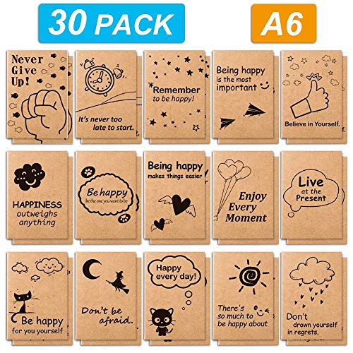 30 Pack Kraft Notebooks, feela 15 Designs A6 Cute Mini Pocket Notebooks and Journals, 80 Lined Pages Motivation Small Journal Notebook Bulk for Women