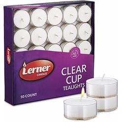 Lerner Candles Lerner Clear Tea Lights Candles Bulk - 4.5 Hour Clear Cup Tealight 50 Pack - Consistent Smkless Clean Burning - Holiday, Wedding