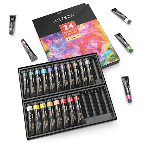ARTEZA Gouache Paint, Set of 24 Colors/Tubes (24x12ml/0.4oz) with Storage Box, Rich Pigments, Vibrant, Non Toxic Paints for