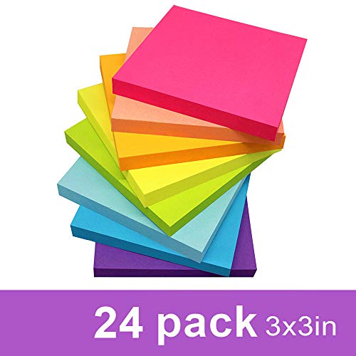 Vanpad Sticky Notes 3x3 Inches,Bright Colors Self-Stick Pads, Easy to Post for Home, Office, Notebook, 24 Pads/Pack