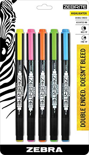 Zebra Zebrite Double-Ended Highlighter, Medium Chisel Point and Fine Point, Assorted Colors, 5-Count