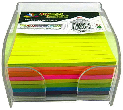4A Sticky Note Dispenser Pen Holder Set, Self-Stick Notes, 8 Ultra Colors 4x4 Inches Lined 400 Neon Sheets Sticky Notes, 4A