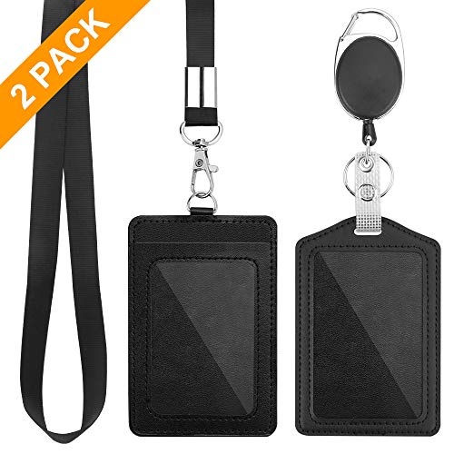 FABUBU 2 Pack Badge Holders, Vertical PU Leather ID Badge Card Holder with 1 Clear ID Window, with Detachable Neck Lanyard Strap and