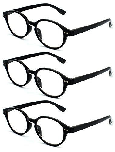 EYE ZOOM Oval-Shaped Reading Glasses 3 Pack Retro Style Plastic Frame Readers with Spring Hinge for Men and Women, Black,