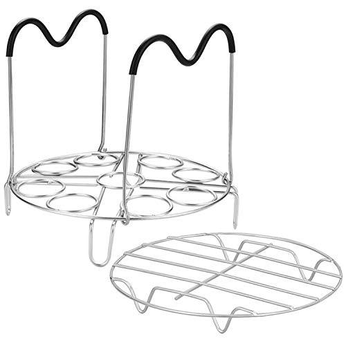 HOSIMAY Steamer Rack Trivet Accessory Set, Include 9-holes Egg Cooking Rack with Heat Resistant Silicon Handles & Compatible for 6, 8