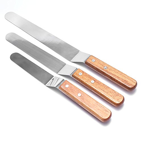 MOTZU 3 Pieces Angled Icing Spatula, Offset Cake Frosting Spatula Set with Wooden Handle, Professional Stainless Steel Baking