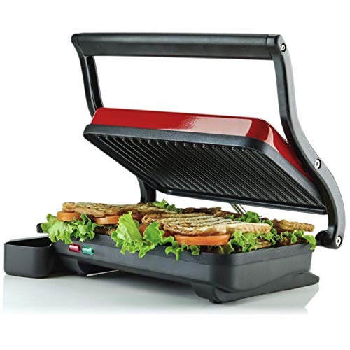 Ovente Electric Countertop Panini Press Grill with Double Nonstick Flat Cooking Plate and Portable Drip Tray, Cool Touch