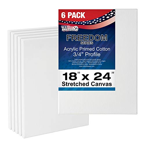 US Art Supply U.S. Art Supply 18 x 24 inch Stretched Canvas 12-Ounce Primed 6-Pack - Professional White Blank 3/4" Profile Heavy-Weight