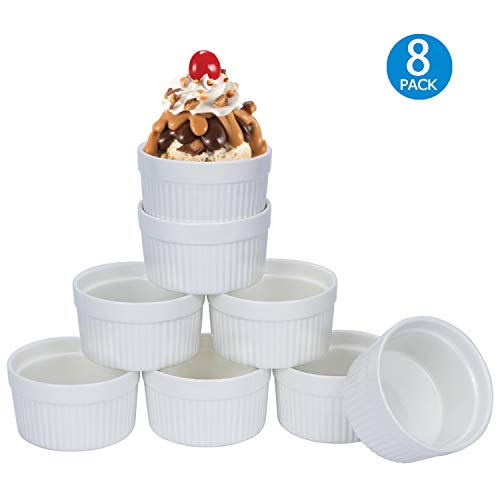 GPYG 6 OZ Porcelain Ramekins, Set of 8 Cups, Souffle Dishes, Oven Safe Ceramic Bowls Serving For Creme Brulee, Custard, Lava