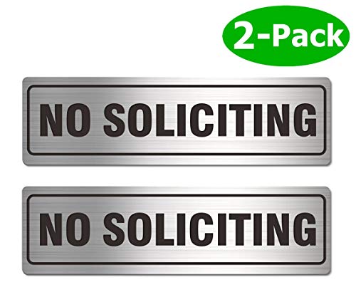 MongFun Self-Adhesive No Soliciting Sign Metal for House Business Office Doors, 2 Pack Silver Color Aluminun 7 x 2 inches, Unique