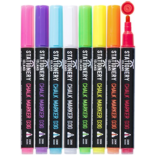 SICM-8D38 Stationery Island Chalk Markers D30 Pack of 8 Neon Colors â€“ 3mm  Fine Bullet Nibs. Dry Wipe Erase Liquid Chalk Pens. for