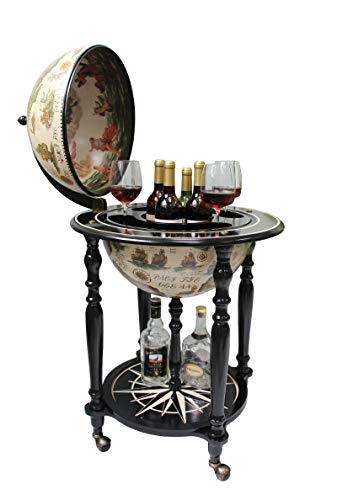 &nbsp; Sixteenth-Century Italian Replica Old World Map Parchment Globe Bar Wine Holder 4 Legs in Black Ivory Finish
