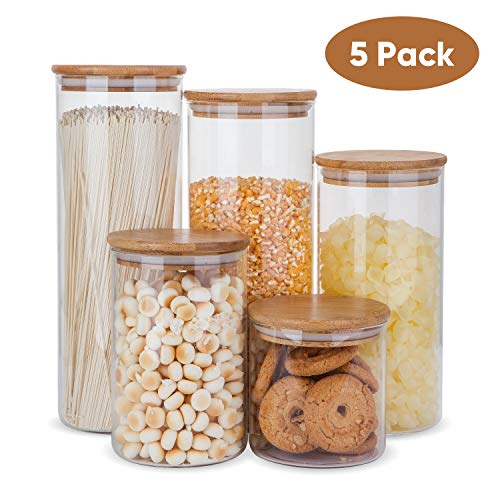 Flrolove Glass Food Storage Containers Set,Airtight Food Jars with Bamboo Wooden Lids - Set of 5 Kitchen Canisters For Sugar,Candy,