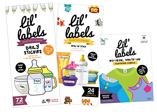 Lil' Labels Daycare MEGA Pack - Write On Kids Name Labels, Waterproof  (Animal Baby Bottle Labels/Plain Clothing Labels/Date Labels)
